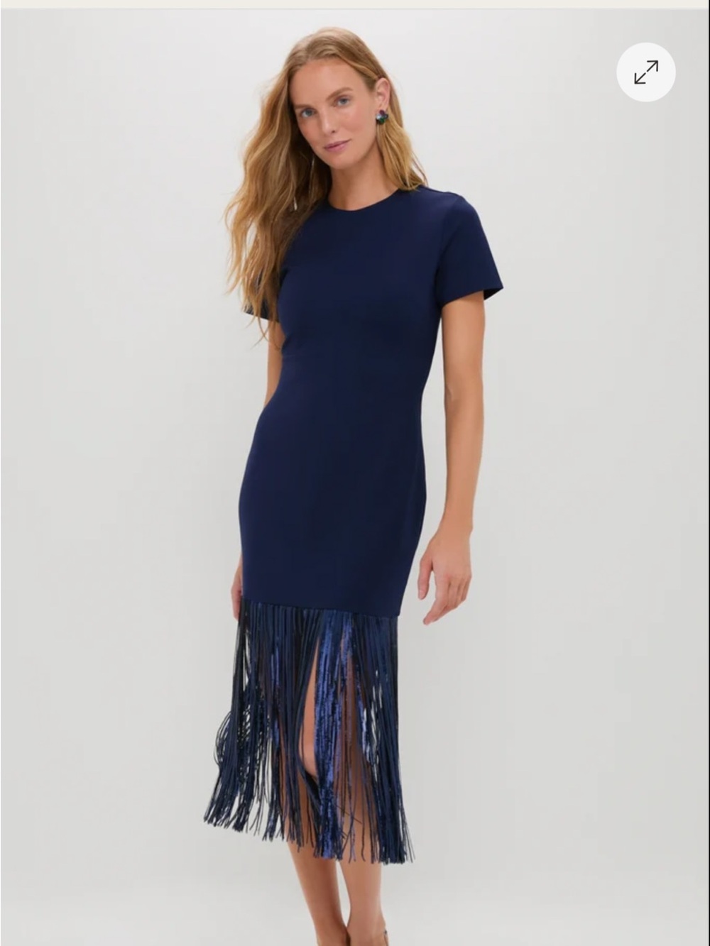 Tuckernuck Hyacinth House Fringe-Hem Short Sleeve Midi Dress in Navy